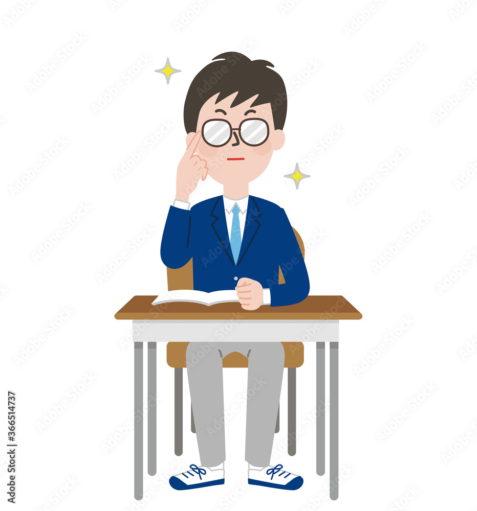 席につくガリ勉風男子学生 席につくガリ勉風男子学生