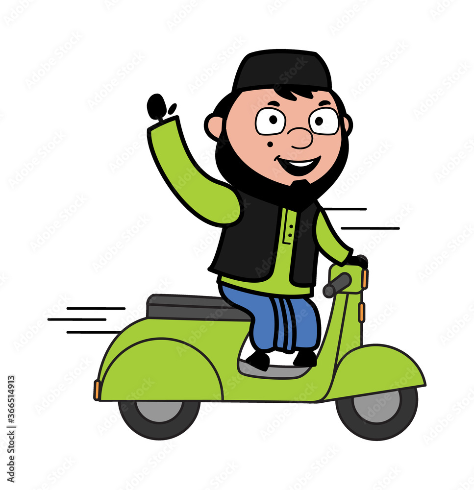 Cartoon Muslim Man Riding Scooter