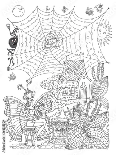 Fairy tale butterfly woman, caterpillar and spider, drinking morning coffee near the house and goose grass. Linear contour doodle sketch. Tee-shirt print, adults coloring book page, café menu brochure