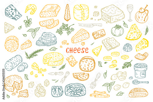 Hand Drawn Doodle various types of cheese: roquefort, parmesan, goat cheese, mozzarella, smoked gouda, blue cheese. Vector Set. 