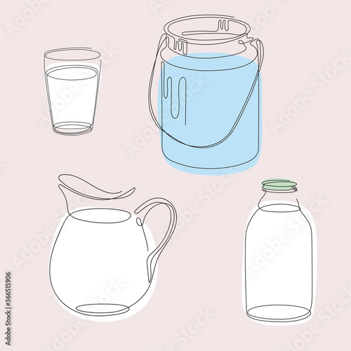 Set of images of utensils for milk. Can, jug, glass and bottle.