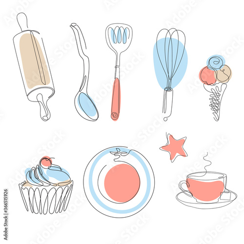 Set of kitchen utensils. Cupcake and ice cream. Continuous line.
