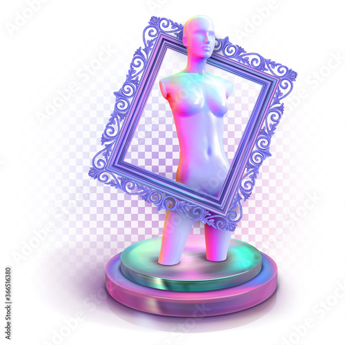 Concept of fashionable fashion studio, photo studio, couturier, fashion designer, design. Trendy neon multicolor composition. Vector 3d female mannequin on a podium standing in a baguette frame.