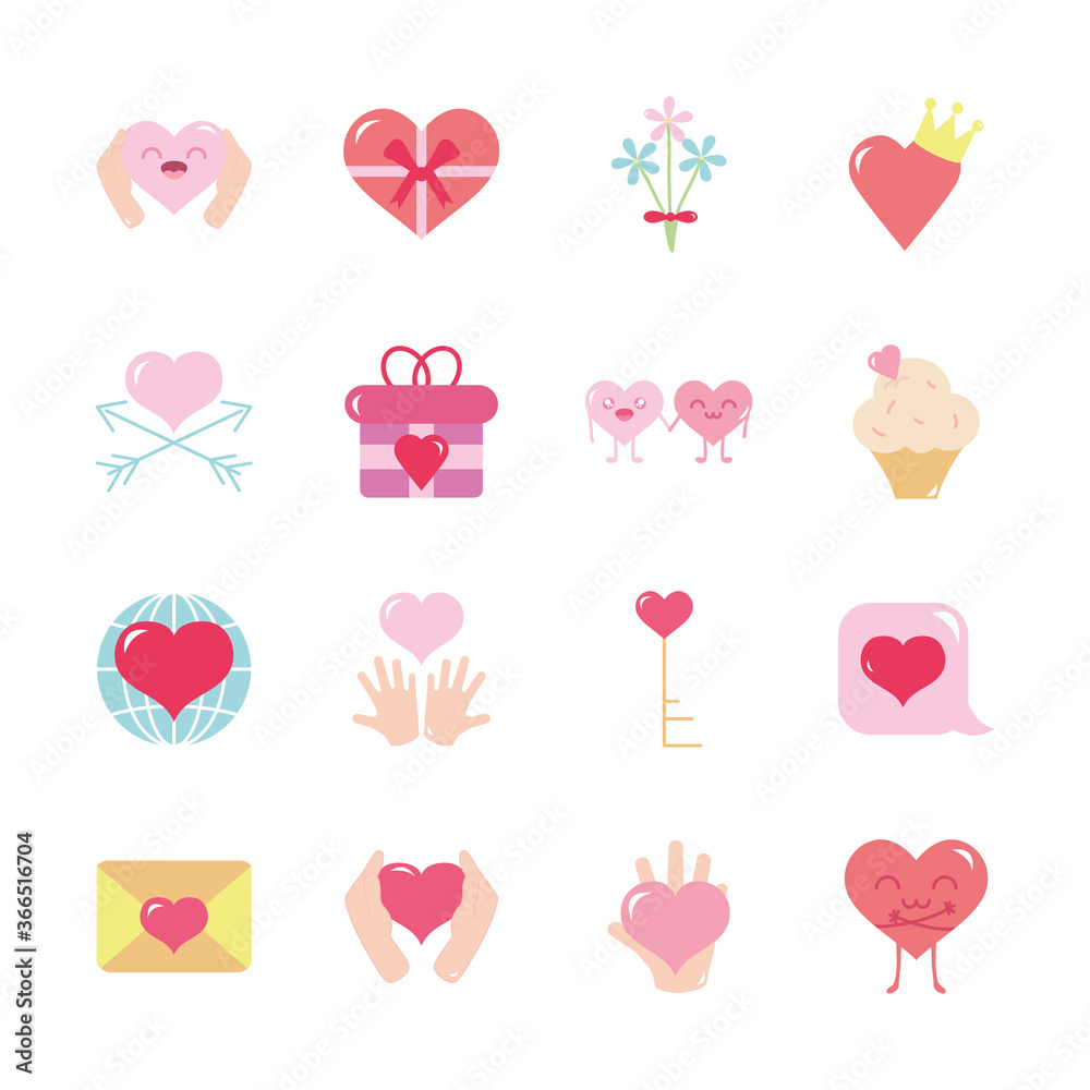 gift box and hearts icon set, flat style gift box and hearts icon set, flat style