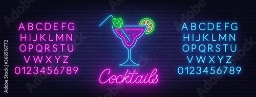 Cocktail neon sign on brick wall background. Blue and pink neon alphabets.