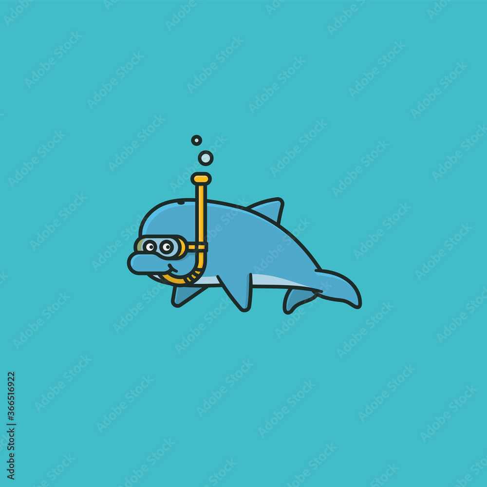 Happy Dolphin with snorkel cartoon character vector illustration  for World Snorkeling Day on July 30th. Aquatic sports and underwater adventure symbol. - obrazy, fototapety, plakaty 