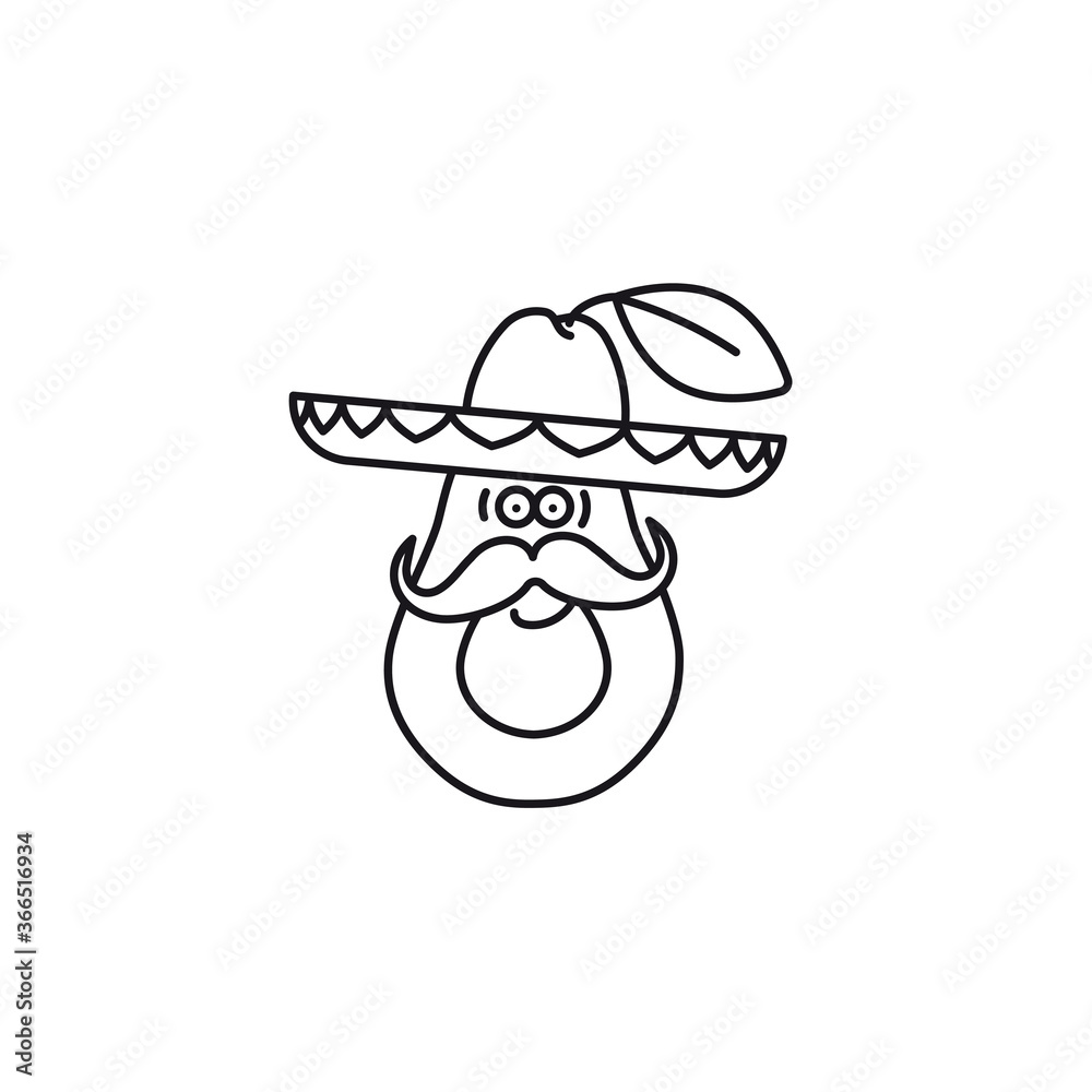Avocado with sombrero hat cartoon character vector line icon Avocado with sombrero hat cartoon character vector line icon