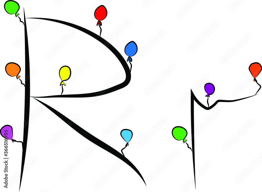 A festive font. Bright colored balloons. Birthday, anniversary, holiday atmosphere. Design of greeting cards and wedding invitations. Uppercase and lowercase Latin letter R in English. Concise design