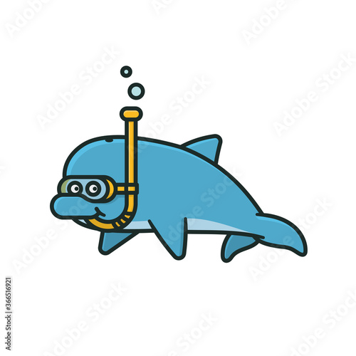 Happy Snorkeling Dolphin cartoon character isolated  vector illustration  for World Snorkeling Day on July 30th. Aquatic sports and underwater adventure symbol.