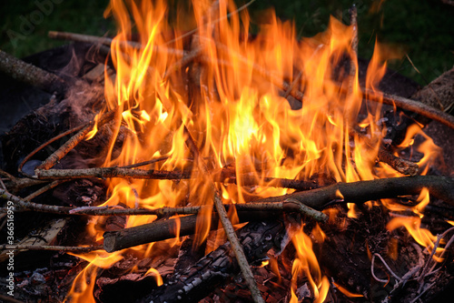 A natural bonfire with wooden sticks and branches is burning in a fire bowl at night. Seen in Germany in July.