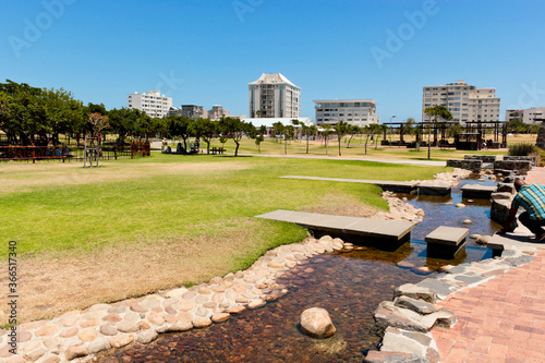 Green Point Park lake and hotels panorama, Cape Town.
