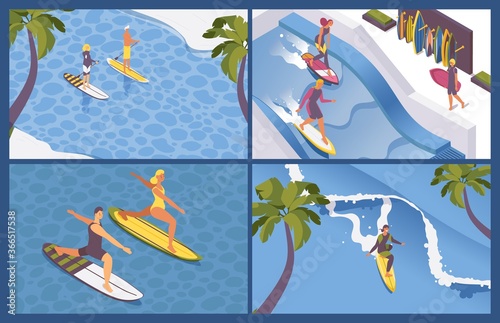 isometric scenes for surf school. Long wave, palms, blue sea water. Concept extreme sport outdoor people surfers. Illustrations good for surfing camp web site