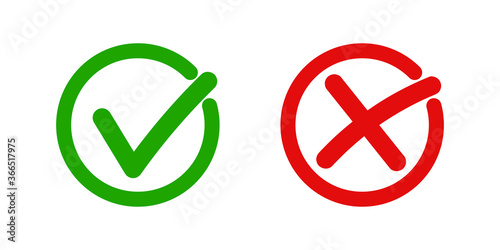 Checkmark icon . Green check mark and red cros. Flat tick and cros ,Vector illustration on whit background . Checkmark sign in circle .