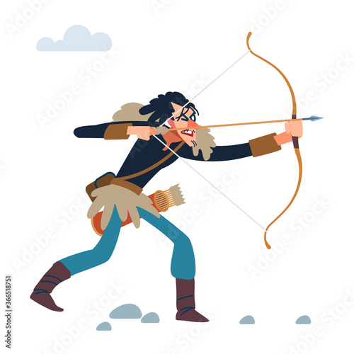Viking warrior shoots a bow. Vector cartoon, flat style illustration
