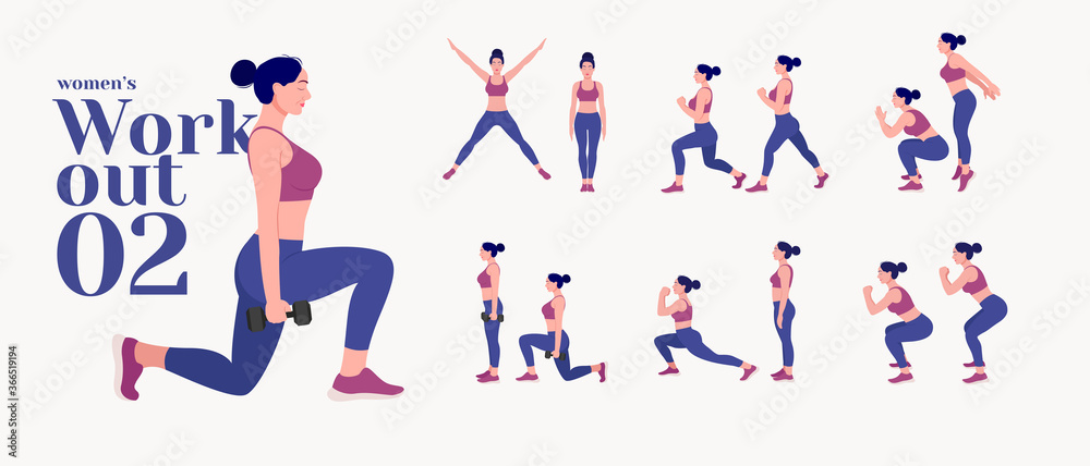 Workout women set. Women fitness and yoga exercises. Lunges