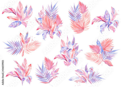 Bouquet of exotic plants, Watercolor pink and lilac tropical leaves