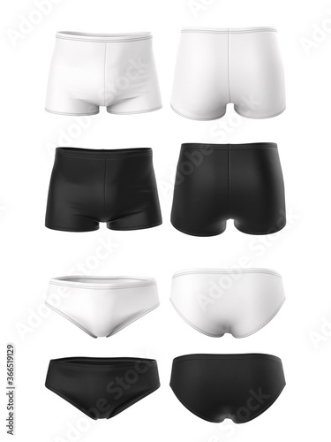 Swimming trunks or underpants for men's. Short and long. Front and back view. 3d realistic illustration isolated on a white background. Mock up, blank template for design.