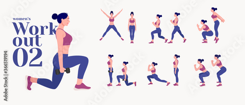 Workout women set. Women fitness and yoga exercises. Lunges, Pushups, Squats, Dumbbell rows, Burpees, Side planks, Situps, Glute bridge, Leg Raise, Russian Twist, Side Crunch, Mountain Climbers.etc