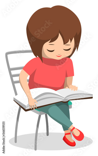 Student reading book vector, isolated female character small kid pupil with textbook. Back to school concept, attentive girl with printed material for lessons, flat cartoon of child sitting on chair