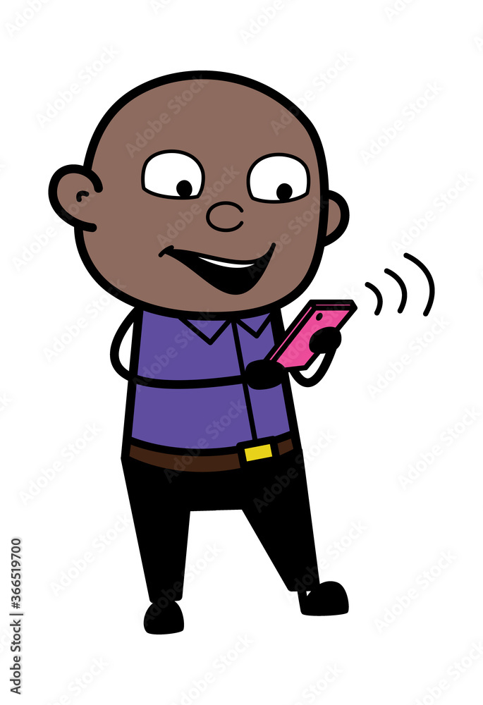 Cartoon Bald Black Man Watching Smartphone