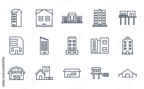 city buildings line style icon set vector design