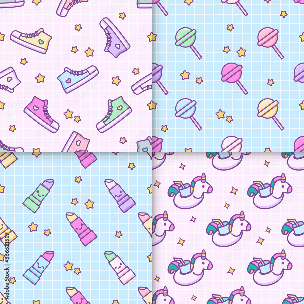Cute kawaii set seamless vector patterns. Collection in doodle cartoon  80s-90s style. Sneakers shoes, lollipop, pomade and unicorn drink holder.  For fabric, wrapping paper, textile, print wallpaper vector de Stock | Adobe