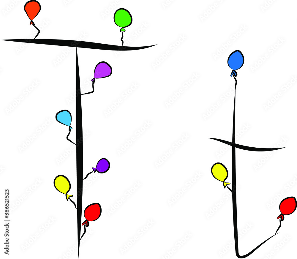 A festive font. Bright colored balloons. Birthday, anniversary, holiday atmosphere. Design of greeting cards and wedding invitations. Uppercase and lowercase Latin letter T in English. Concise design