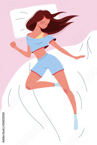 Cute pretty slim young woman sleeping in bed in pajamas without a blanket. Top view. Good healthy sleep concept. Female character dozing or napping on comfy mattress. Flat colorful vector illustration
