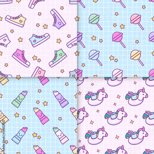 Cute kawaii set seamless vector patterns. Collection in doodle cartoon 80s-90s style. Sneakers shoes, lollipop, pomade and unicorn drink holder. For fabric, wrapping paper, textile, print wallpaper