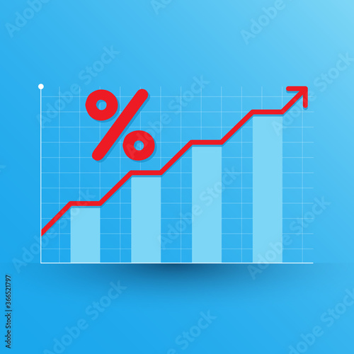 Graph chart moving up meaning growth and increase money value with percentage symbol. Vector illustration