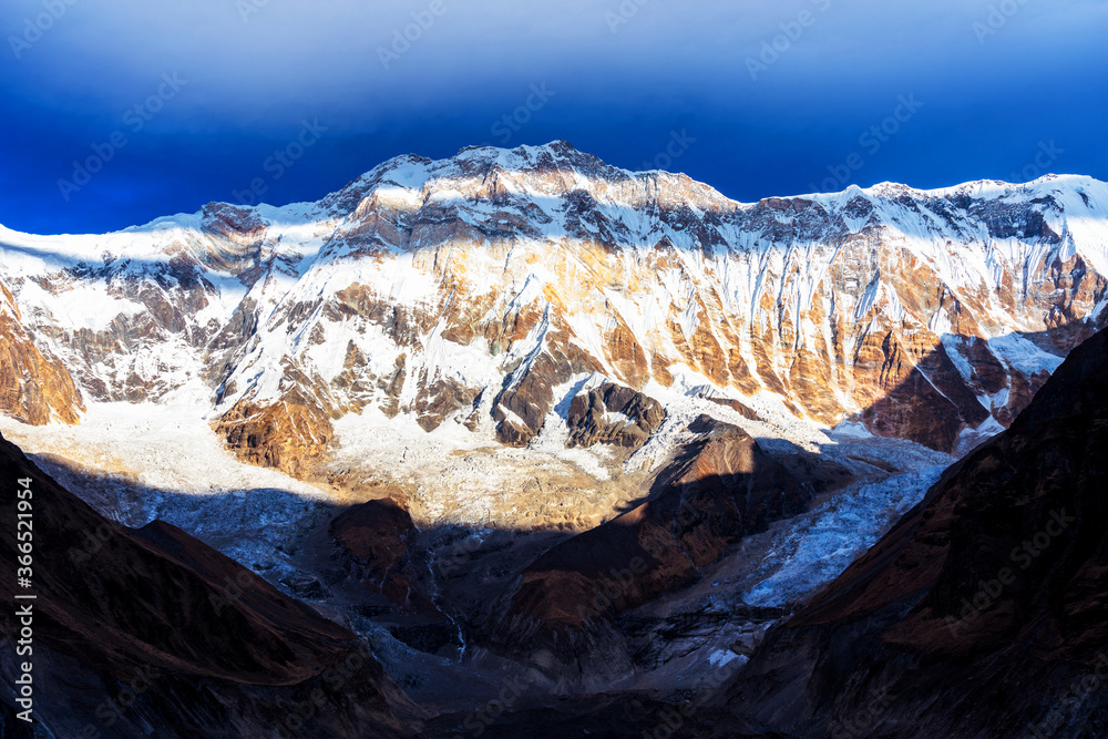Morning view of Mount Annapurna I from Annapurna base camp, round Annapurna circuit trekking trail, Nepal