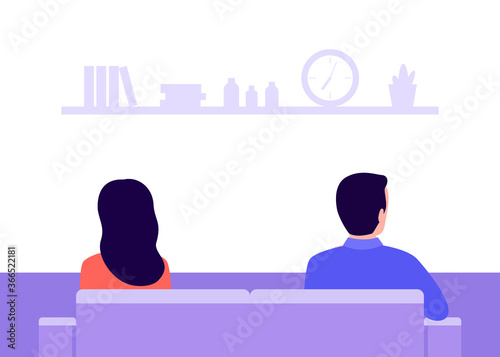 Angry man and offended woman in quarrel. Couple sit back to back. Problems partners in relationship, misunderstanding, conflict. Husband and wife at odds. Concept of divorce, crisis. Vector flat
