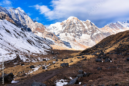 Morning view of Mount Annapurna I from Annapurna base camp, round Annapurna circuit trekking trail, Nepal