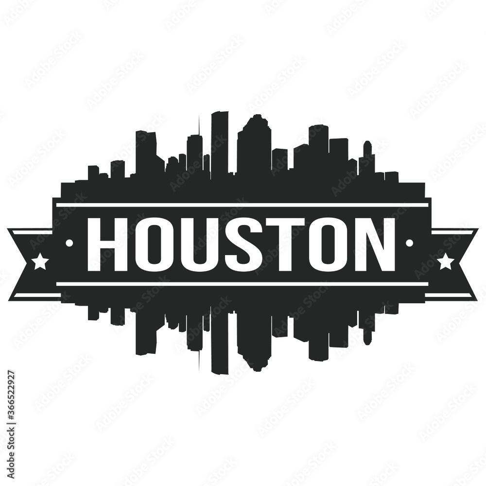Houston Skyline Stamp Silhouette Stamp. Reflection Landscape City Design. Vector Cityscape Icon.  