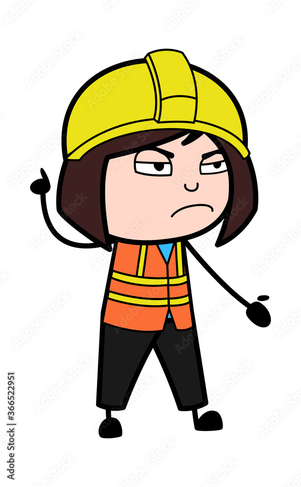 Angry Lady Engineer Cartoon with one hand raised