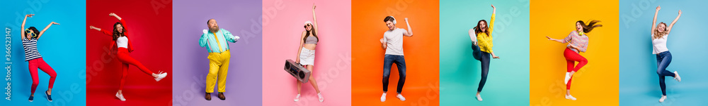 Panorama collage eight cool funny attractive active modern people six ladies two guys men good mood dance discotheque party isolated many colors blue violet teal orange yellow pink red background - obrazy, fototapety, plakaty 