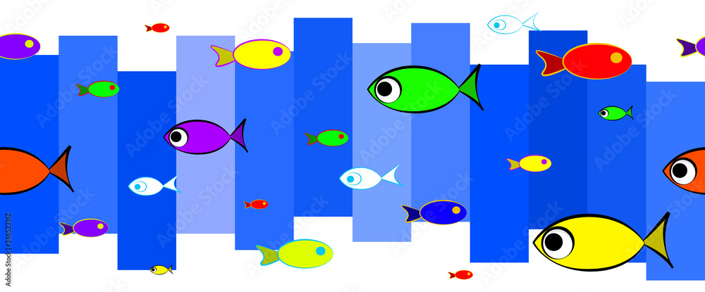 Horizontal pattern with colorful fish on a background of blue stripes.
