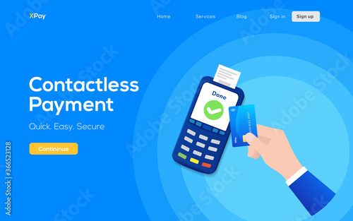 Contactless payment illustration. Credit card read by POS machine without any contact. 