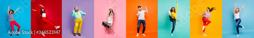 Photographie Panorama collage eight cool funny attractive active modern people six ladies two