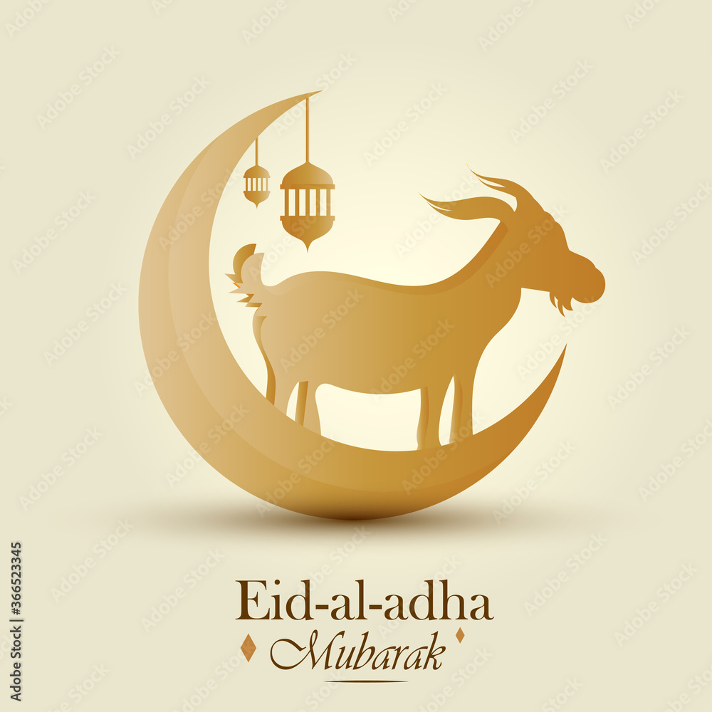 Eid al adha, Eid qurban semi realistic greeting poster with goat and
