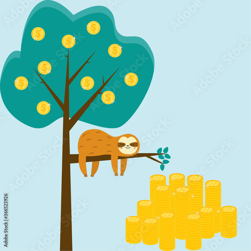Sloth sleep on money tree, tree have fruits as golden coins, stack of golden coins, passive income concept