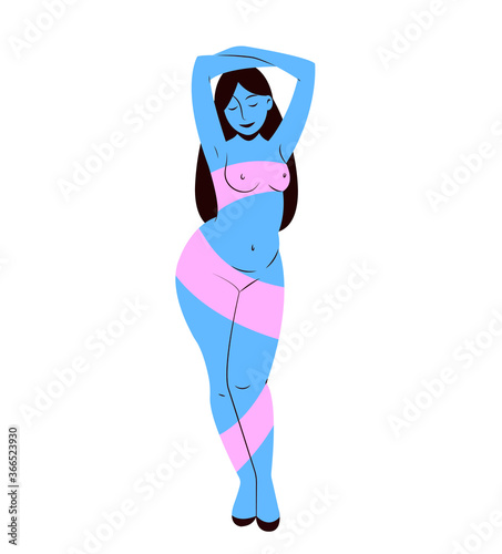 Feminism body positive vertical vector flat linear isolated illustration. Plus size overweight beauty woman. Nude curvy figure