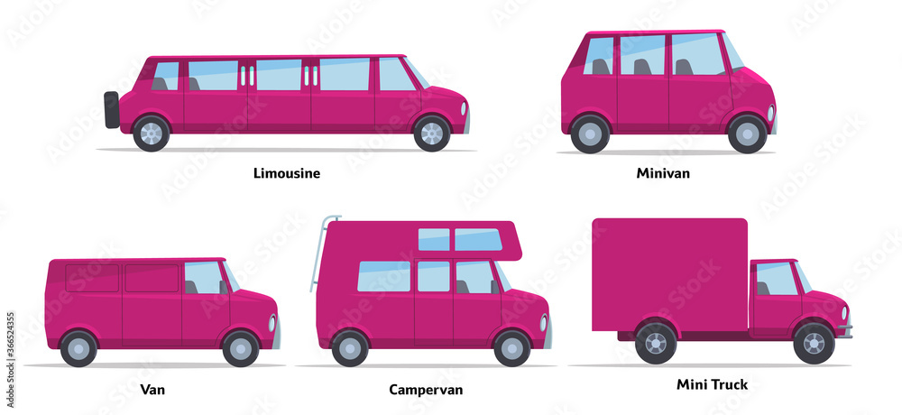 Set of passenger cars side view. Vector stock flat illustration. Raspberry cartoon, toy car. Simplified style for design and animation. Set of passenger cars side view. Vector stock flat illustration. Raspberry cartoon, toy car. Simplified style for design and animation.