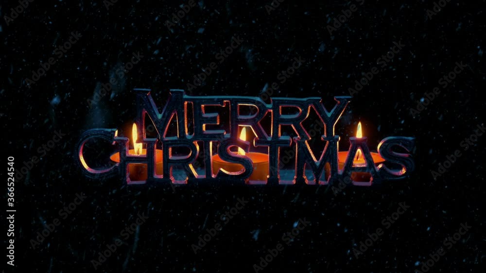 Merry Christmas Sign With Candles And Snow Falling Merry Christmas Sign With Candles And Snow Falling