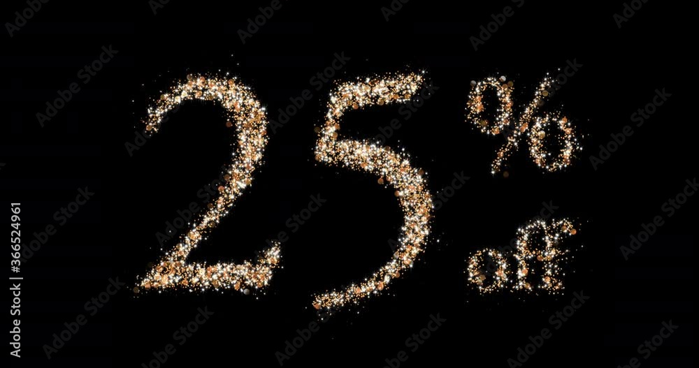 25 percent off. Gold discount sign made from sparkling particles. Looped animation on black. 25 percent off. Gold discount sign made from sparkling particles. Looped animation on black.