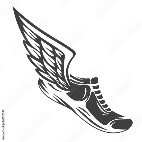 Hand drawn silhouette running shoes with wings isolated on white background. Stylized vector illustration. Minimalistic vintage design template element for print, label, badge or other symbol.