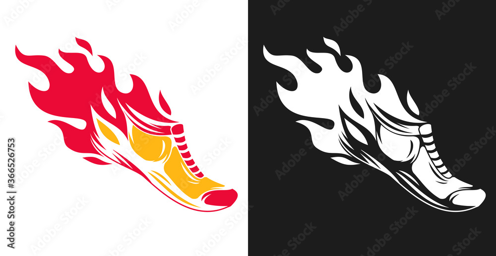 Hand drawn silhouette running shoes with fire flames isolated on white