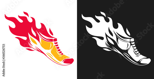 Hand drawn silhouette running shoes with fire flames isolated on white background. Stylized vector illustration. Minimalistic vintage design template element for print, label, badge or other symbol.