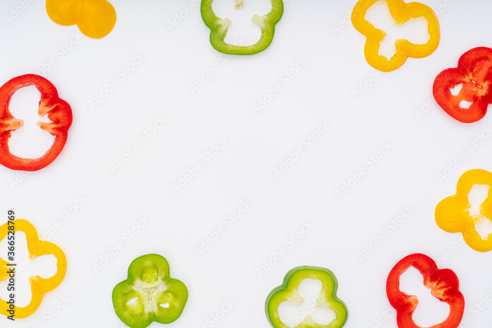 sliced vegetables pattern for cooking design on white background top view flat lay. sliced vegetables pattern for cooking design on white background top view flat lay.