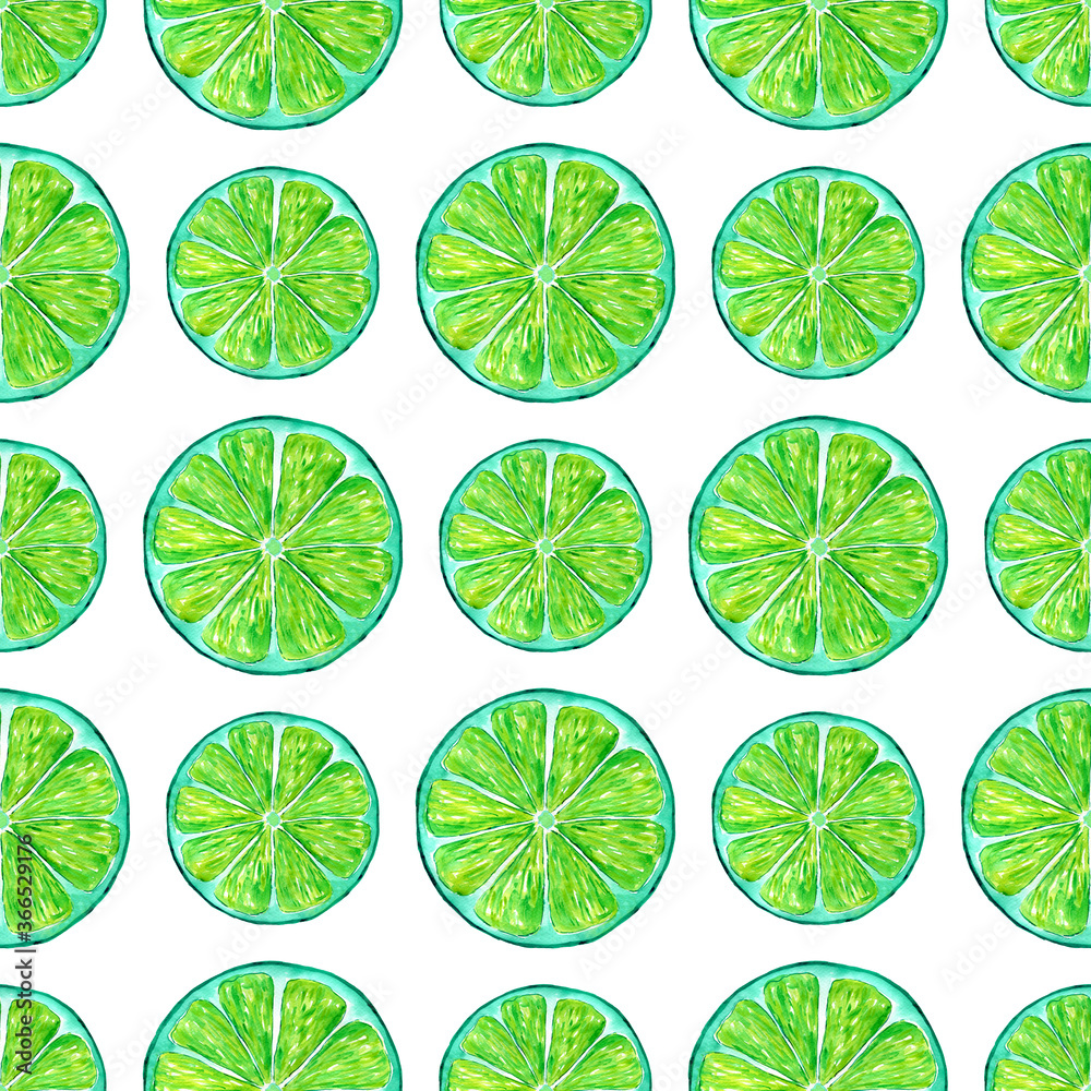 Seamless pattern with green lime isolated on white background. Fruits background for fabric, wrapping, wallpaper design. Hand painting exotic fruits illustration.